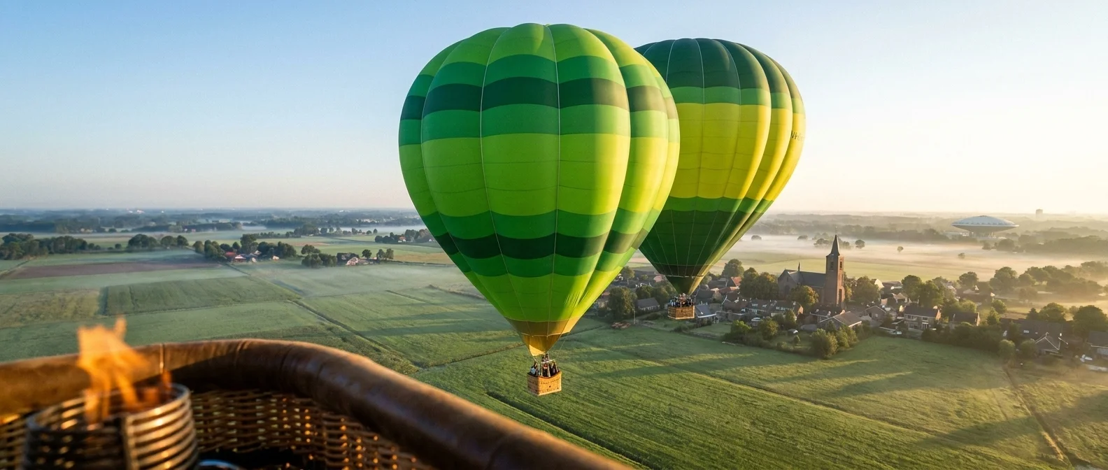 Twee groene luchtballonnen boven een Brabants dorp met kerktoren bij zonsopgang